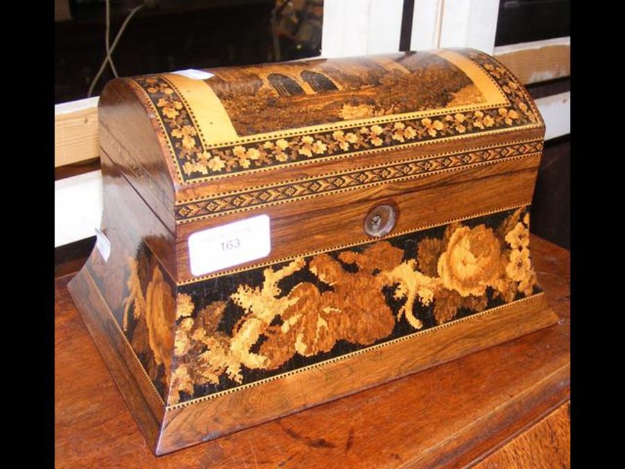 A Victorian Tunbridge ware dome topped tea caddy -