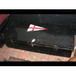 An interesting old rectangular metal trunk with Ro
