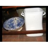 An old Victorian blue and white toilet bowl etc