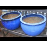 Two large blue glazed garden pots