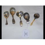 Four antique silver caddy spoons and one other