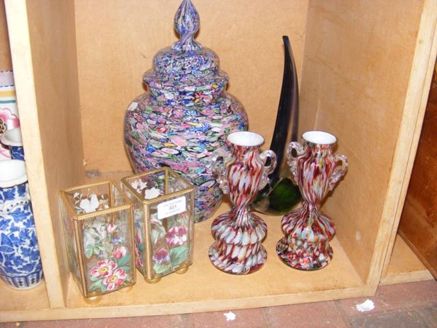 A decorative glass vase and cover together with other collectable glassware