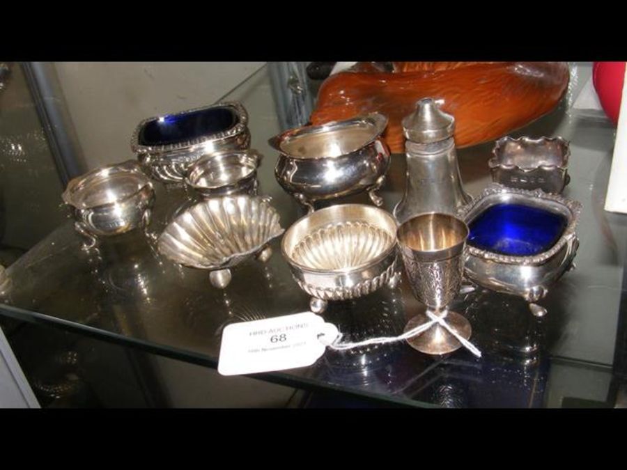 Selection of small silver table salts, etc.