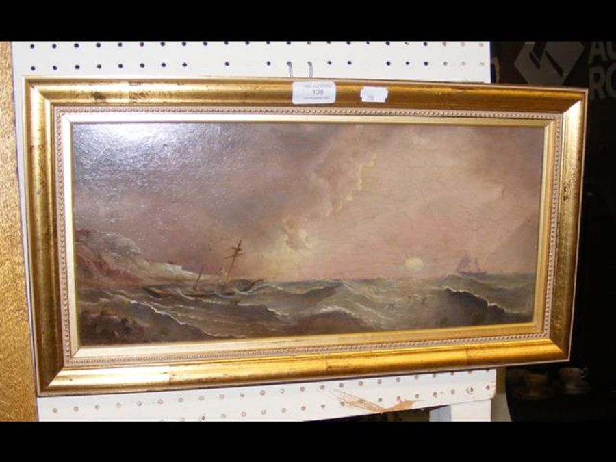 An oil on board of ship floundering in rough seas