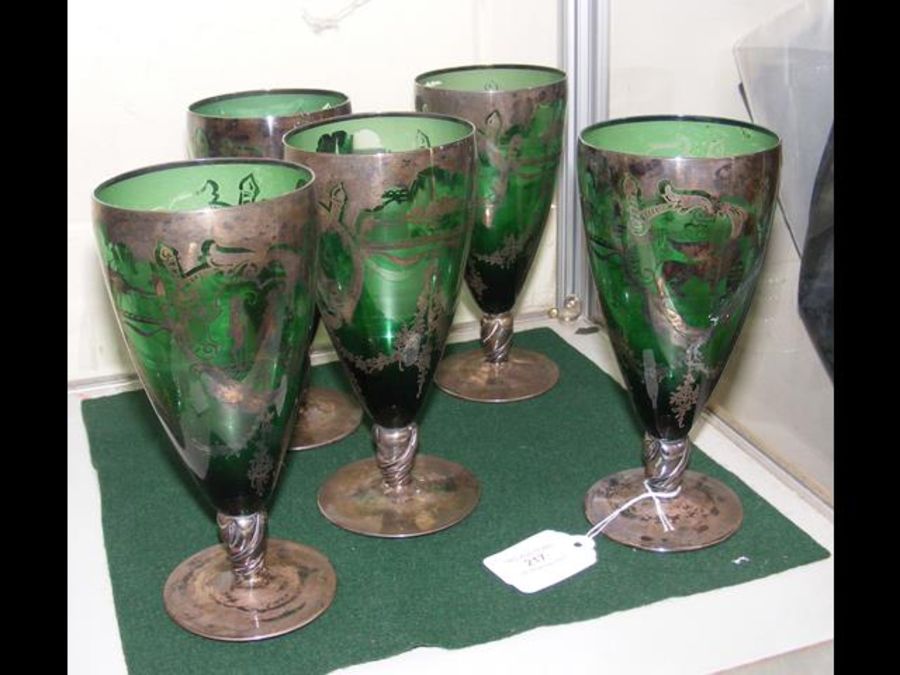 A set of five Venetian silver overlay wine glasses