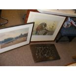 A framed and glazed print of a hunting dog, togeth