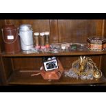 Vintage milk jugs, coins, Kodak camera, chandelier