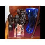 Three oriental soapstone carvings, together with w