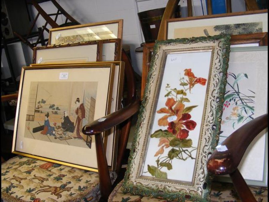 An assortment of oriental silk paintings, together
