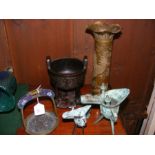 A bronze censor, decorative Cloisonne riding stirrup, etc