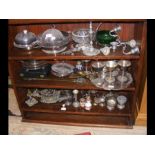 Three shelves of silver plated and other metal war