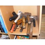 A variety of mallets and claw hammers