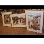 Three decorative coloured prints, framed and glaze