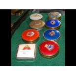 Eight military ladies compacts including round RAF, HMS Norfolk