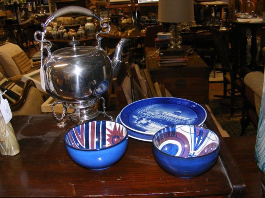 A spirit kettle together with Danish plates etc