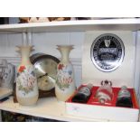 A 1930's mantel clock, pair of opaque glass vases,