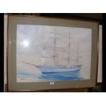 BAKER - watercolour of three masted ship with arti