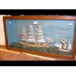 An antique diorama of three masted ship - 83cm x 4