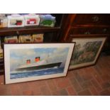 Cunard Line Queen Elizabeth coloured print signed