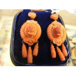 A pair of antique coral drop earrings in fitted bo