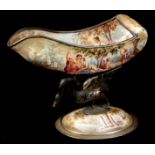 A 19TH CENTURY VENITIAN ENAMEL AND GILT TABLE SALT of shell form supported by a swan mounted on an