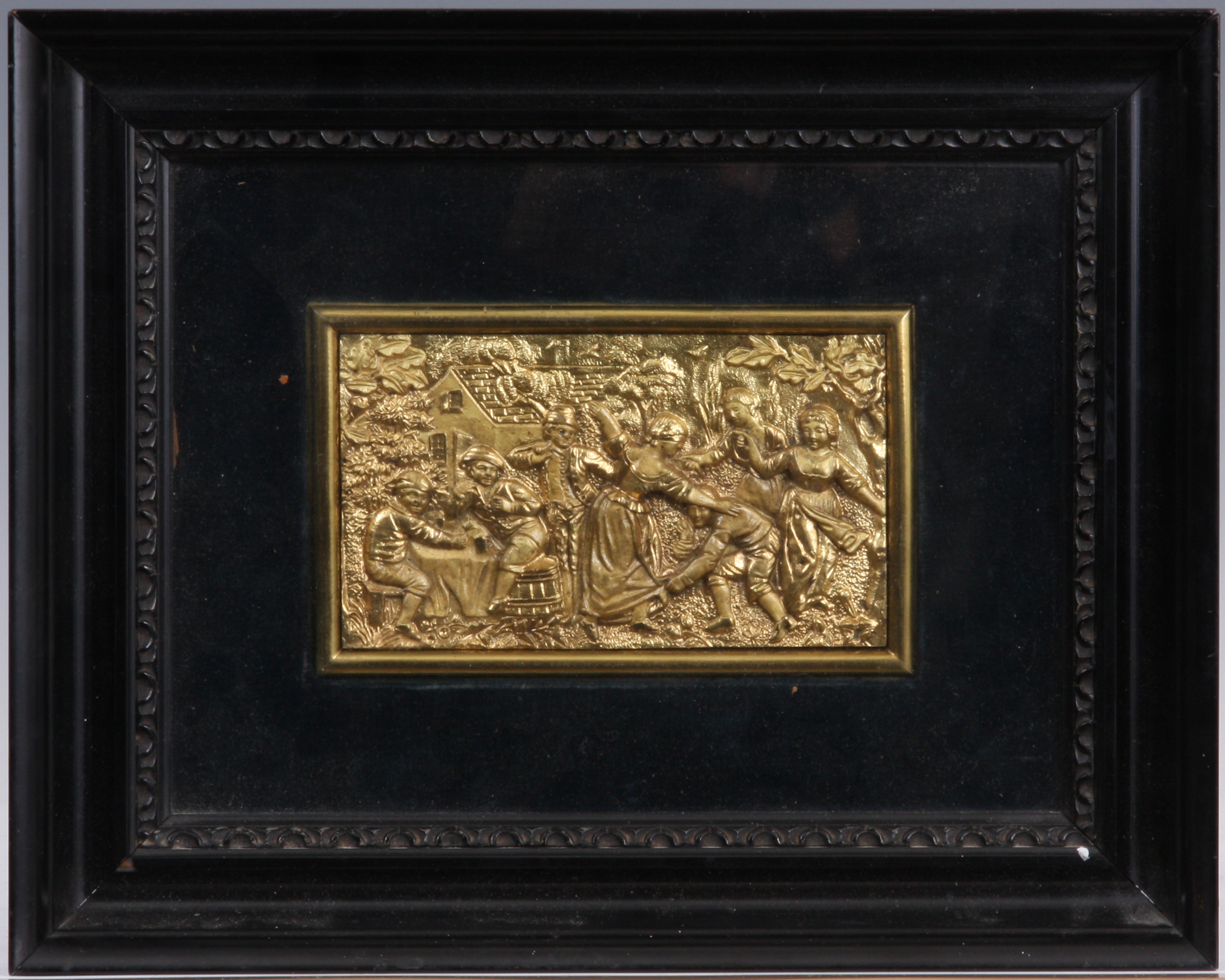 A 19TH CENTURY CAST GILT BRONZE PANEL of figures merrymaking in a garden setting - in a glazed - Image 2 of 2