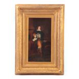 A 19TH CENTURY OIL ON CANVAS Full-length portrait of a Cavalier 40cm high, 21cm wide - unsigned