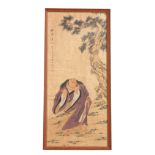 19TH CENTURY JAPANESE WATERCOLOUR ON PAPER depicting a robed scholar in a tree-lined landscape