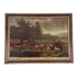 A GEORGE III MEZZOTINTS-UNDER-GLASS titled BERGHEMS CATTLE AND LANDSCAPE PLATE 4. WATERING THE