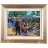 JOHN MACKIE Scottish b.1953. PASTEL ON BOARD French market scene 39.5cm high 51cm wide - signed