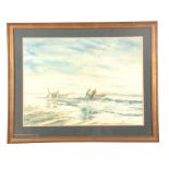 JOHN WHITE - WATERCOLOUR fisherman leaving shore labelled "Cromer Daybreak" 53cm high 72cm wide