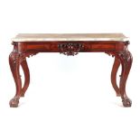 A REGENCY MAHOGANY SERPENTINE SERVING TABLE with white marble top above a carved shaped frieze;