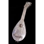 A 19TH CENTURY CONTINENTAL SILVER MANDOLIN WITH INTEGRATED SCENT BOTTLE TO THE TOP finely embossed