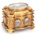 A FINE 19TH CENTURY FRENCH ORMOLU ENGRAVED SERPENTINE SHAPED TABLE CASKET set with oval painted