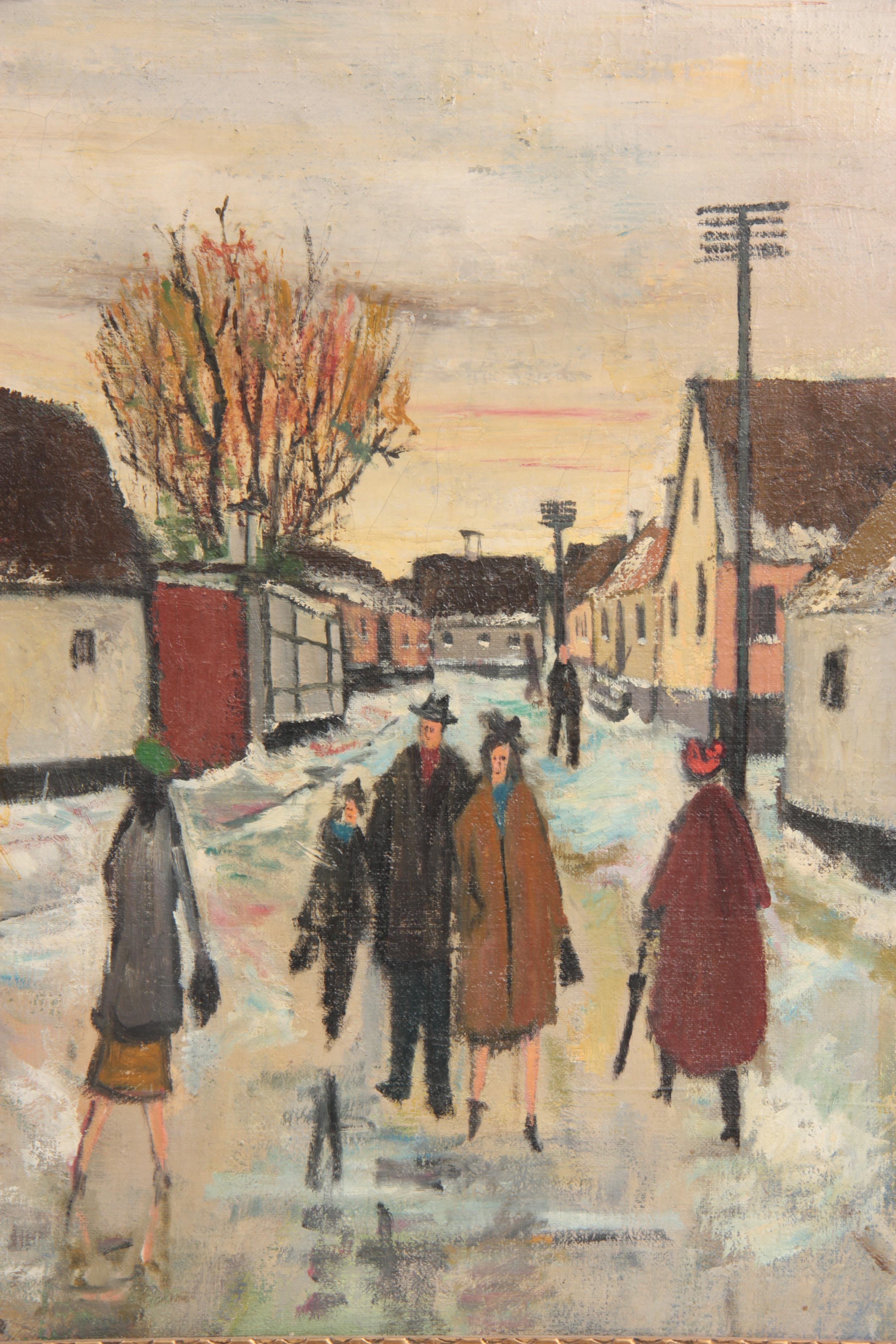 BORGE LUDWIG KNUDSEN A 20TH CENTURY OIL ON CANVAS depicting a town scene with figures in the - Image 2 of 5