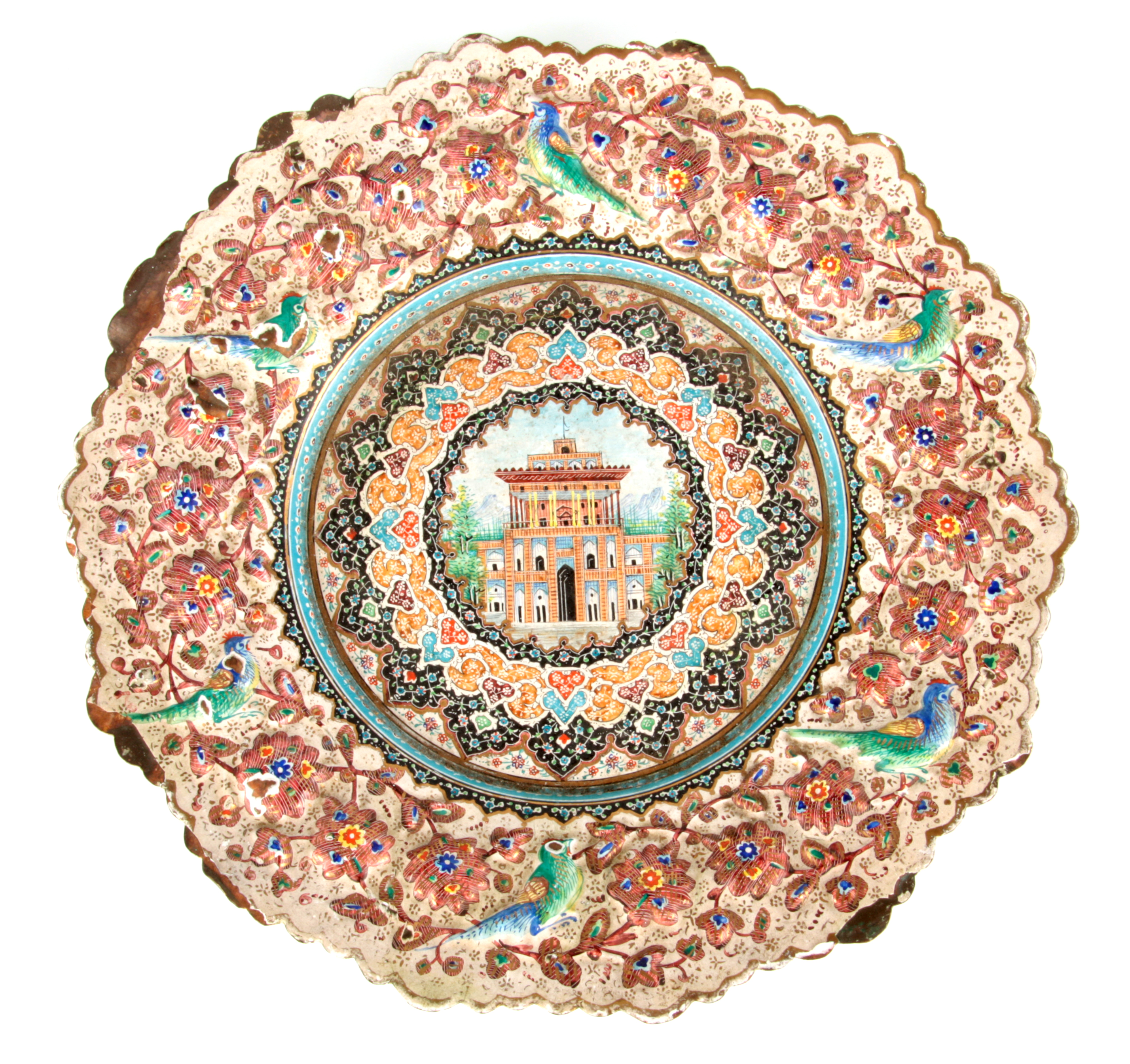 A 19TH CENTURY ISLAMIC ENAMEL PLATE finely decorated with a reliefwork border decorated with birds