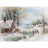 C THACKRAH, AN EARLY 20TH CENTURY OIL ON CANVAS SNOWSCAPE, of a continental mill scene glazed in a