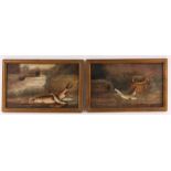 A PAIR OF 19th CENTURY OILS ON BOARD Depicting salmon and a fisherman’s rod and reel on riverbank
