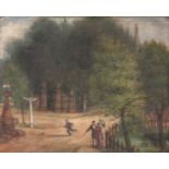 A 19TH CENTURY OIL ON BOARD depicting and titled on reverse Gardens, London - in a glazed leaf
