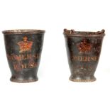 A PAIR OF EARLY 19TH CENTURY LEATHER COUNTRY HOUSE FIRE BUCKETS originally out of Somerset House,