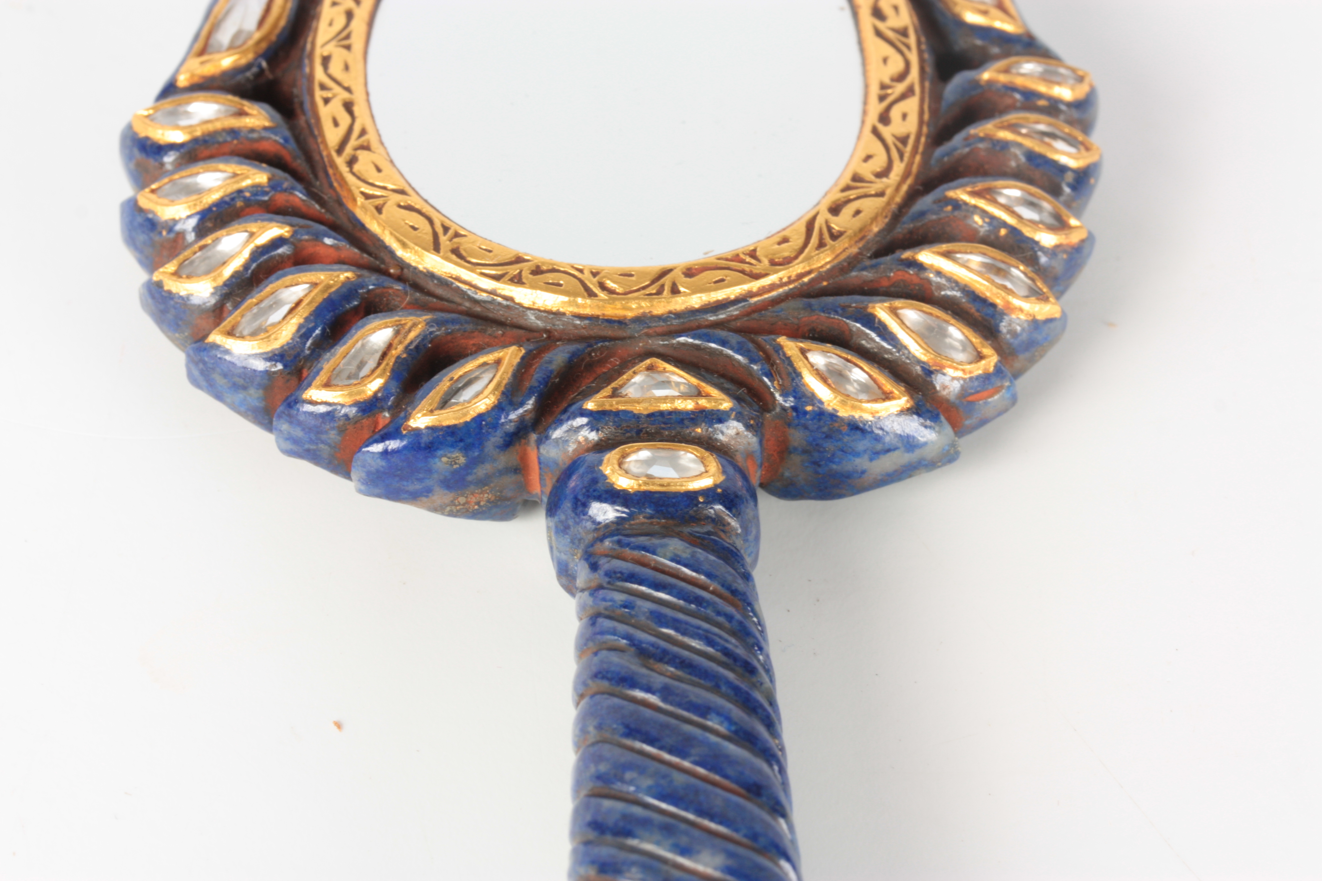 AN 20TH CENTURY LAPIS LAZULI AND DIAMOND SET CARVED HAND MIRROR the peacock and twisted handle - Image 6 of 6