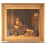 A 19th CENTURY OIL ON CANVAS. Group of dogs in a barn setting. 58cm high, 67cm wide - indistinct