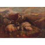 OIL ON CANVAS. Sheep resting on a heather landscape 34.5cm high, 49cm wide - mounted in a gilt