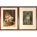 AN EARLY 20th CENTURY COLOURED ENGRAVING TITLED "PLEASE THROW IT" Jack Russell sat next to a ball,