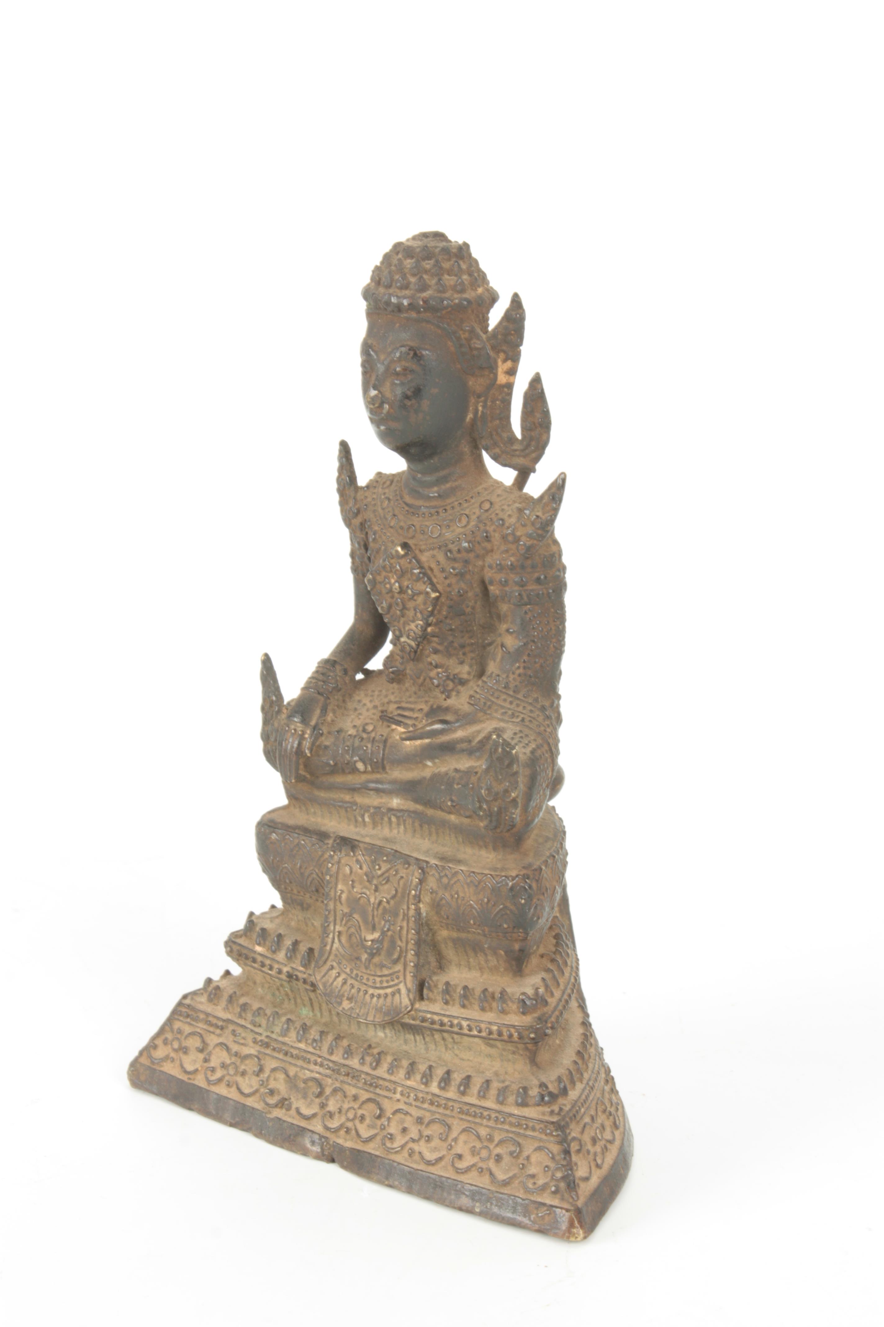 A TIBETAN BRONZE SEATED BUDDHA 14cm high. - Image 5 of 6