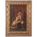 A CONTINENTAL OIL ON CANVAS depicting an old gentleman condoling a young girl - mounted in a leaf