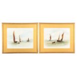 A PAIR OF 19TH CENTURY MARINE SCENE PORCELAIN PLAQUES painted with figures in sailing boats 35cms by