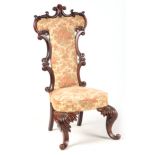 A 19TH CENTURY ROSEWOOD DRAWING ROOM CHAIR with a high back and C scroll carved frame with shaped