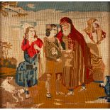 A 19th CENTURY WOOL WORK PICTURE of standing figures and a dog 36cm high 36.5cm wide - glazed