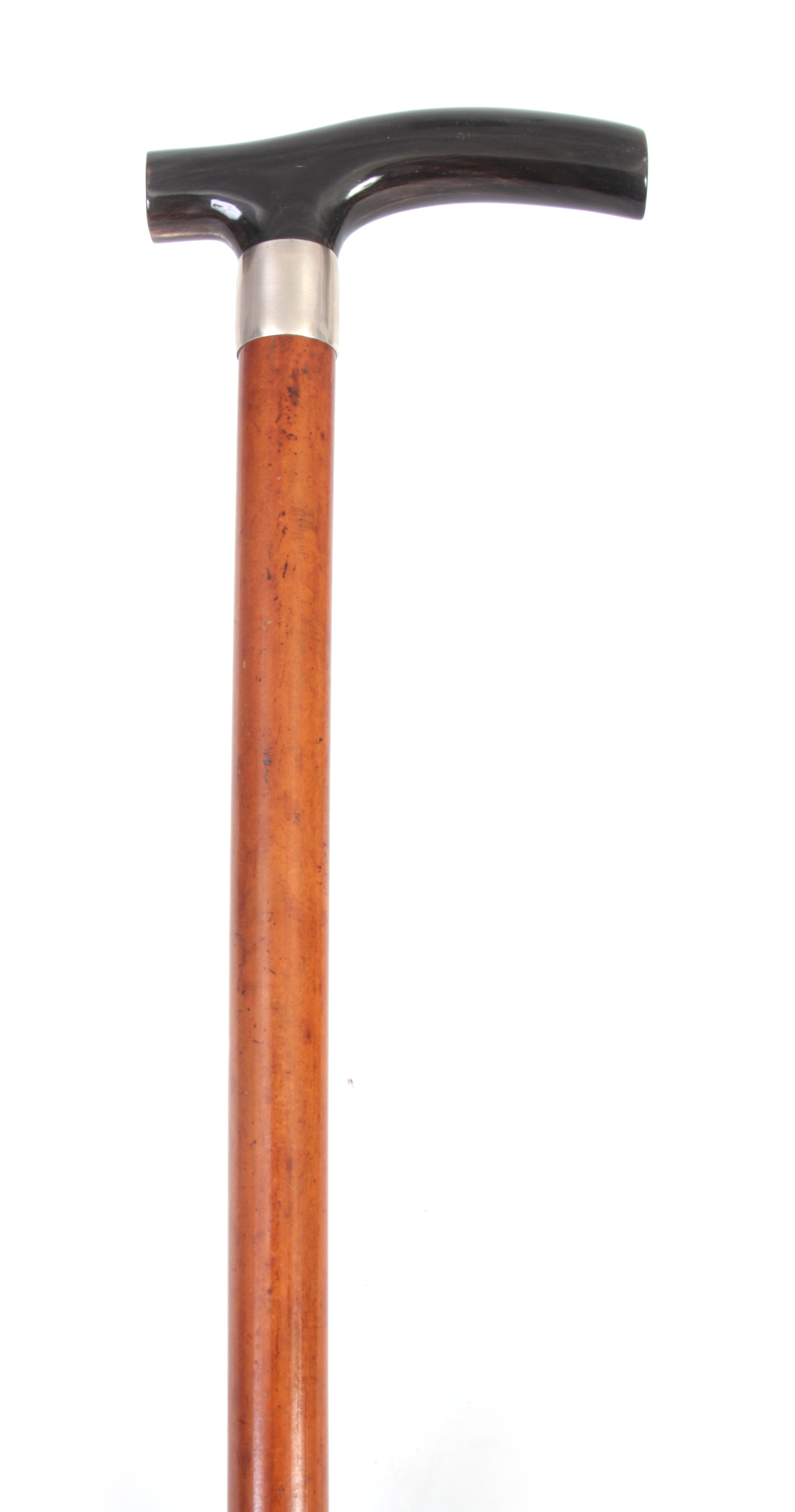 A 19TH CENTURY MALACCA AND HORN WALKING STICK BY SWAINEBRIGG with silver hallmarked collar and